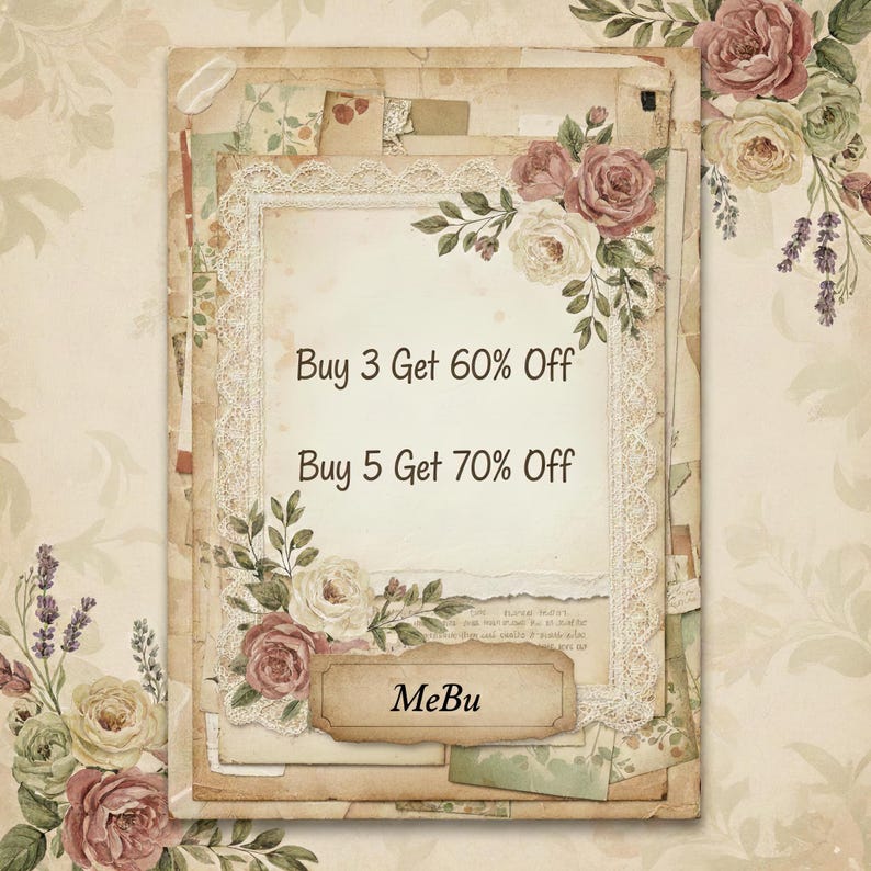 Pu&ograve; includere: Una pila di carta in stile vintage con accenti floreali e in pizzo. Il testo "Buy 3 Get 60% Off" e "Buy 5 Get 70% Off" &egrave; visualizzato. L'immagine presenta rose e la parola "MeBu".
