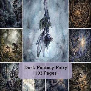 Op de afbeelding: Een verzameling dark fantasy fee-illustraties met 103 pagina's. De afbeeldingen tonen diverse gevleugelde figuren in sfeervolle, mysterieuze boslandschappen met lantaarns, gloeiend licht en gedetailleerde natuurlijke elementen in blauw en bruin.