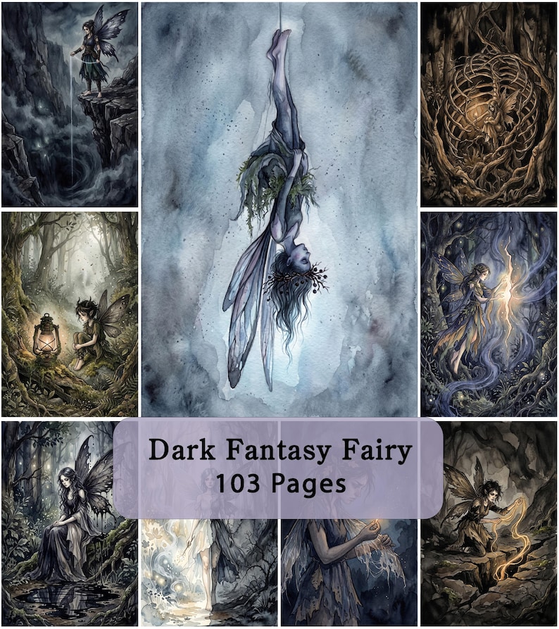 Op de afbeelding: Een verzameling dark fantasy fee-illustraties met 103 pagina's. De afbeeldingen tonen diverse gevleugelde figuren in sfeervolle, mysterieuze boslandschappen met lantaarns, gloeiend licht en gedetailleerde natuurlijke elementen in blauw en bruin.