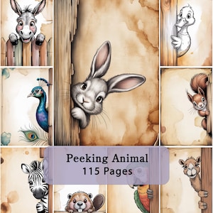 Könnte beinhalten: Illustrationen von Tieren, die hinter Holzstrukturen hervorschauen, darunter ein Esel, ein Kaninchen, eine Ente, ein Eichhörnchen, ein Zebra, ein Biber, ein Papagei und ein Kamel. Der Text "Peeking Animal 115 Pages" wird auf einem Banner angezeigt.
