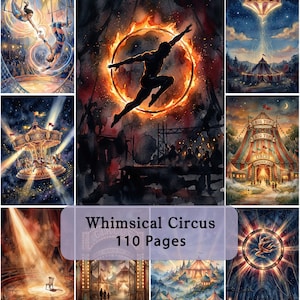 May include: A collection of whimsical circus-themed illustrations. The images depict various scenes, including acrobats, a carousel, and a figure leaping through a ring of fire. The text "Whimsical Circus 110 Pages" is visible.