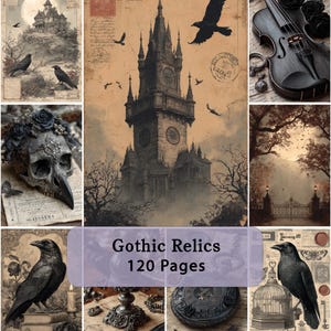 Op de afbeelding: Een verzameling gotische afbeeldingen met een centrale klokkentoren, een schedel versierd met donkere rozen, een zwarte viool, raven en vintage papiertexturen. De tekst Gothic Relics 120 Pages staat gecentreerd over de collage van donkere illustraties.