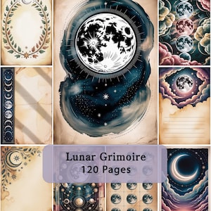 Op de afbeelding: Een Lunar Grimoire met 120 pagina's met diverse hemelse illustraties, waaronder maanfasen, sterrenhemels en ontwerpen op papier in vintage perkamentstijl. De collectie toont meerdere artistieke lay-outs van de maan en planeten.