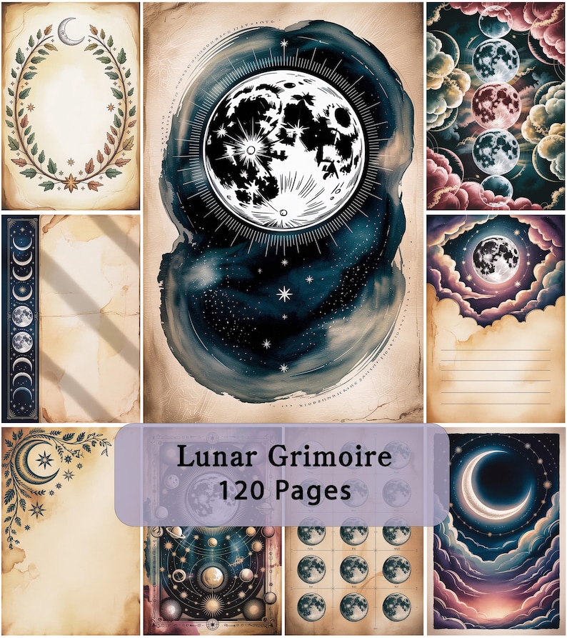 Op de afbeelding: Een Lunar Grimoire met 120 pagina's met diverse hemelse illustraties, waaronder maanfasen, sterrenhemels en ontwerpen op papier in vintage perkamentstijl. De collectie toont meerdere artistieke lay-outs van de maan en planeten.