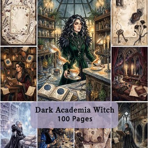 Op de afbeelding: Een verzameling illustraties met een heks in een kas, een lezend persoon in een bibliotheek en vintage-stijl perkamentpagina's met hemelse motieven. De centrale tekst luidt Dark Academia Witch 100 Pages in een paars kader.