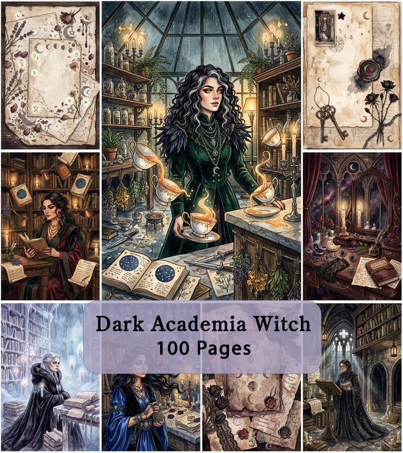 Op de afbeelding: Een verzameling illustraties met een heks in een kas, een lezend persoon in een bibliotheek en vintage-stijl perkamentpagina's met hemelse motieven. De centrale tekst luidt Dark Academia Witch 100 Pages in een paars kader.