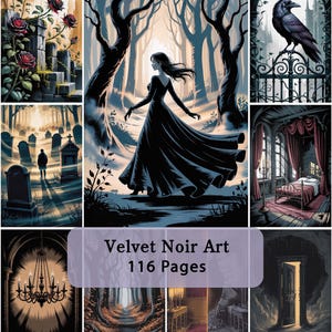 Op de afbeelding: Een verzameling illustraties getiteld Velvet Noir Art 116 Pages, met een persoon in een lange zwarte jurk in een bos, een begraafplaats, een raaf op een hek, een slaapkamer met rode gordijnen, een kroonluchter en een verlichte deur in het donker.