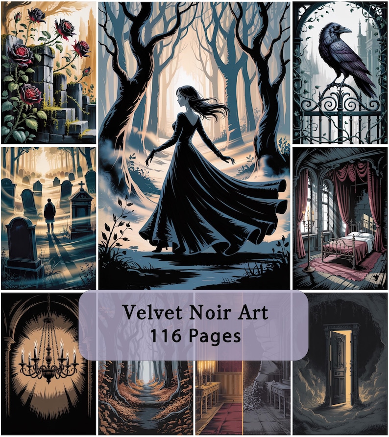 Op de afbeelding: Een verzameling illustraties getiteld Velvet Noir Art 116 Pages, met een persoon in een lange zwarte jurk in een bos, een begraafplaats, een raaf op een hek, een slaapkamer met rode gordijnen, een kroonluchter en een verlichte deur in het donker.