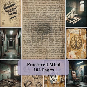 Op de afbeelding: Een verzameling afbeeldingen van een boek van 104 pagina's genaamd Fractured Mind, met illustraties van een brein, een anatomisch hart, klokken en handgeschreven tekst, naast sc&egrave;nes van een vervallen kamer, een gang en een medische stoel.