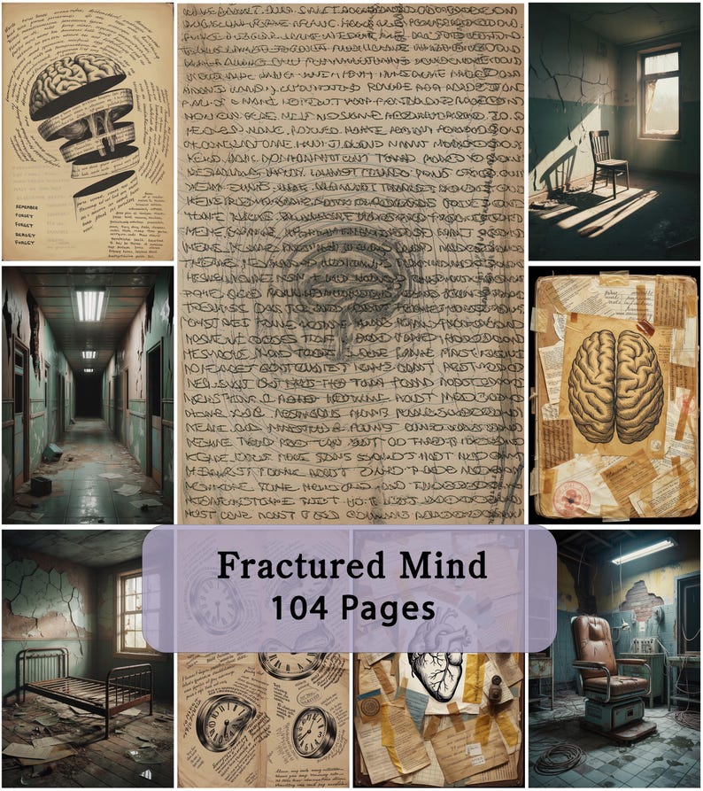 Op de afbeelding: Een verzameling afbeeldingen van een boek van 104 pagina's genaamd Fractured Mind, met illustraties van een brein, een anatomisch hart, klokken en handgeschreven tekst, naast sc&egrave;nes van een vervallen kamer, een gang en een medische stoel.