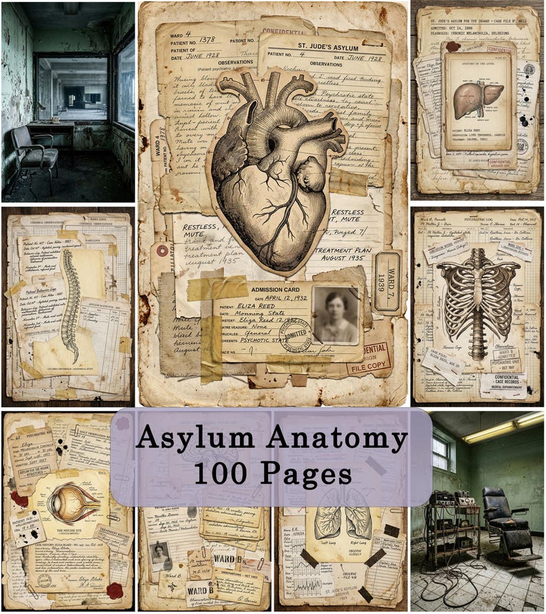 Op de afbeelding: Een verzameling medische documenten en anatomische illustraties in vintage-stijl getiteld Asylum Anatomy 100 Pages. De pagina's bevatten verouderd papier, handgeschreven notities en zwart-wit tekeningen van een menselijk hart, ruggengraat, ribbenkast, oog en longen.