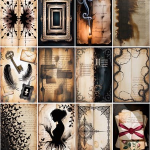 Pu&ograve; includere: Una collezione di stampe d'arte digitale in stile vintage. Le immagini presentano cornici antiche, texture di carta invecchiata, silhouette, farfalle, chiavi, piume e bordi ornati. La tavolozza dei colori include toni seppia, nero e crema, evocando nostalgia.