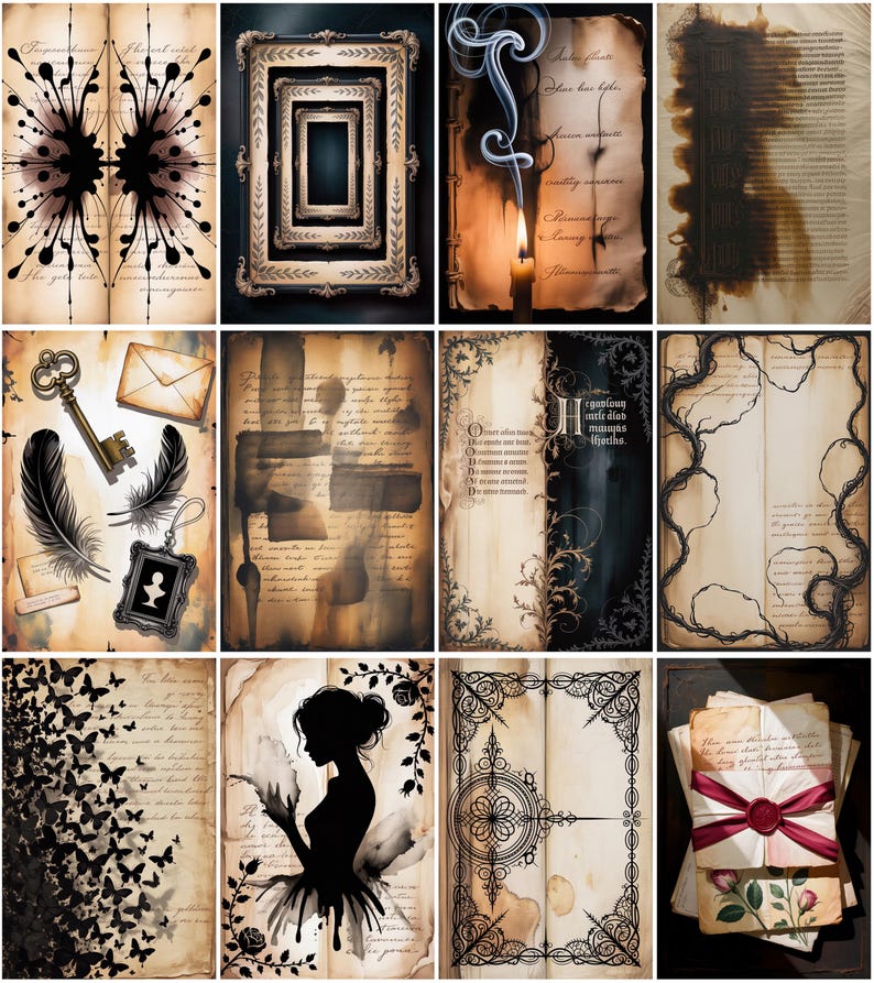 Pu&ograve; includere: Una collezione di stampe d'arte digitale in stile vintage. Le immagini presentano cornici antiche, texture di carta invecchiata, silhouette, farfalle, chiavi, piume e bordi ornati. La tavolozza dei colori include toni seppia, nero e crema, evocando nostalgia.