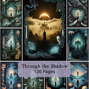 Op de afbeelding: Een verzameling dark fantasy-illustraties met silhouetten van figuren in mistige bossen, kastelen, manen en mystieke wezens zoals herten, uilen en raven. De tekst Through the Shadow 120 Pages is gecentreerd over het raster van de afbeeldingen.