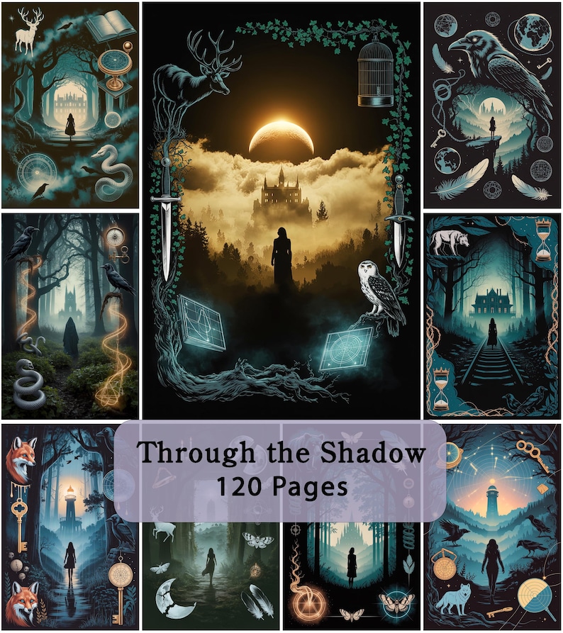 Op de afbeelding: Een verzameling dark fantasy-illustraties met silhouetten van figuren in mistige bossen, kastelen, manen en mystieke wezens zoals herten, uilen en raven. De tekst Through the Shadow 120 Pages is gecentreerd over het raster van de afbeeldingen.