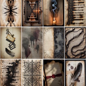 Pu&ograve; includere: Una collezione di stampe artistiche in stile vintage con elementi gotici e antichi. Le stampe presentano trame di carta invecchiata, cornici ornate, chiavi, piume e intricati motivi di pizzo nero. Alcune stampe includono testo scritto a mano e immagini cupe e malinconiche.