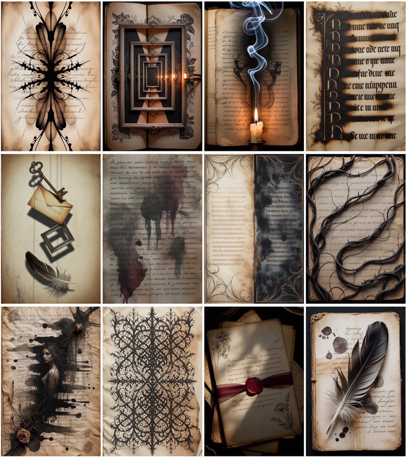 Pu&ograve; includere: Una collezione di stampe artistiche in stile vintage con elementi gotici e antichi. Le stampe presentano trame di carta invecchiata, cornici ornate, chiavi, piume e intricati motivi di pizzo nero. Alcune stampe includono testo scritto a mano e immagini cupe e malinconiche.