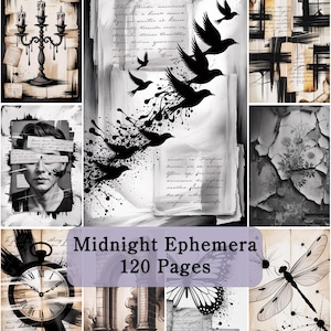 Op de afbeelding: Een digitale collagecollectie getiteld Midnight Ephemera 120 Pages met zwart-witillustraties van een kandelaar, vogels in vlucht, een portret, een zakhorloge, architecturale bogen, vlinders en libellen op verouderd papier.