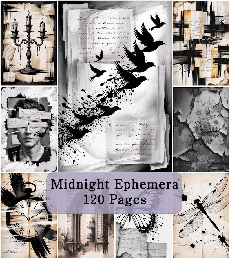 Op de afbeelding: Een digitale collagecollectie getiteld Midnight Ephemera 120 Pages met zwart-witillustraties van een kandelaar, vogels in vlucht, een portret, een zakhorloge, architecturale bogen, vlinders en libellen op verouderd papier.