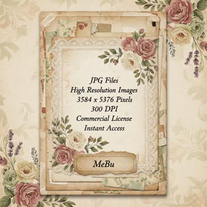 Pu&ograve; includere: Una stampa d'arte digitale in stile vintage con un design di carta a strati e accenti floreali. L'immagine include il testo: "JPG Files, High Resolution Images, 3584 x 5376 Pixels, 300 DPI, Commercial License, Instant Access, MeBu."
