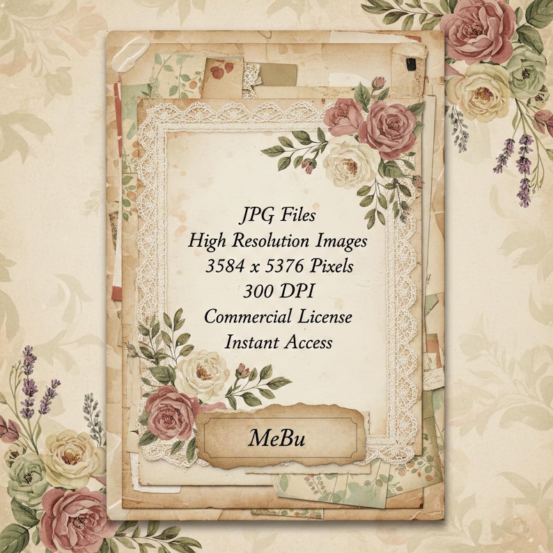 Pu&ograve; includere: Una stampa d'arte digitale in stile vintage con un design di carta a strati e accenti floreali. L'immagine include il testo: "JPG Files, High Resolution Images, 3584 x 5376 Pixels, 300 DPI, Commercial License, Instant Access, MeBu."