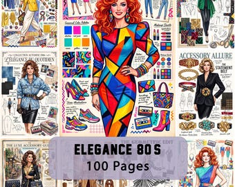 Op de afbeelding: Een boek van 100 pagina's getiteld Elegance 80s met mode-illustraties, make-upkaarten en accessoiregidsen. De omslag toont een centrale figuur in een jurk met geometrische patronen, omringd door vintage kledingschetsen en kleurenpaletten.