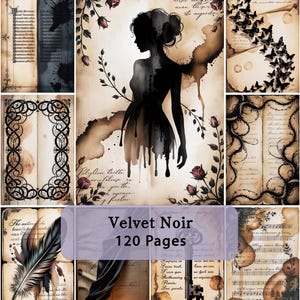 Pu&ograve; includere: Un collage di pagine di diario in stile vintage con un tema dark e gotico. L'immagine centrale presenta una silhouette di donna con dettagli floreali e farfalle. Il testo "Velvet Noir 120 Pages" &egrave; visibile.