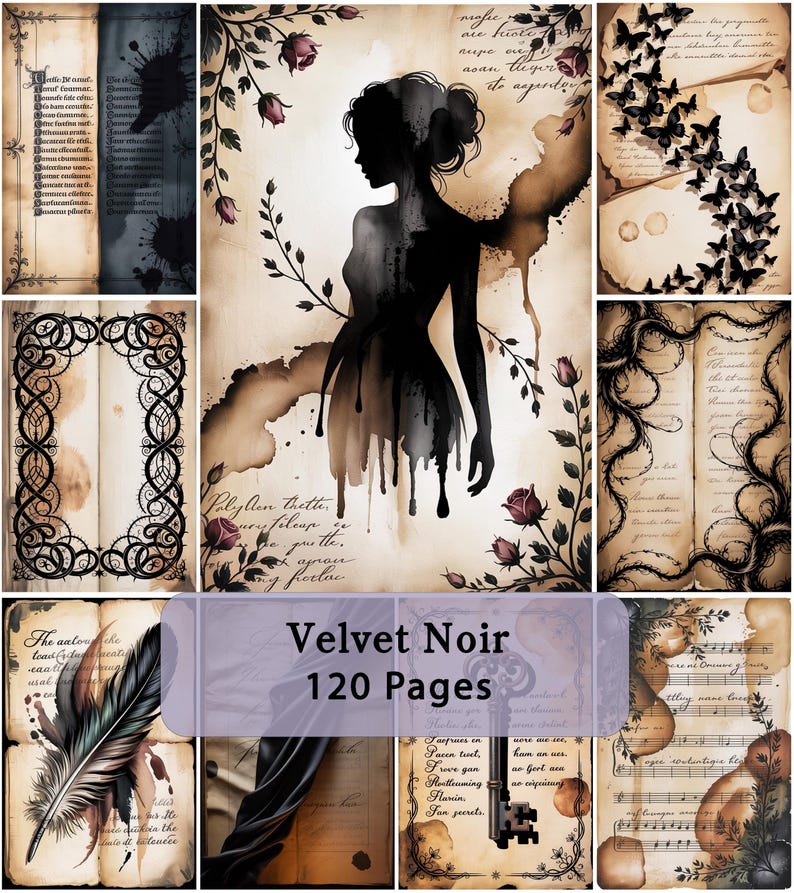 Pu&ograve; includere: Un collage di pagine di diario in stile vintage con un tema dark e gotico. L'immagine centrale presenta una silhouette di donna con dettagli floreali e farfalle. Il testo "Velvet Noir 120 Pages" &egrave; visibile.