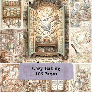 Peut inclure: Un collage d'illustrations à l'aquarelle sur le thème de la pâtisserie. Les images comprennent des scènes de cuisine, des recettes et des ustensiles de pâtisserie. Le texte "Cozy Baking 106 Pages" est visible.