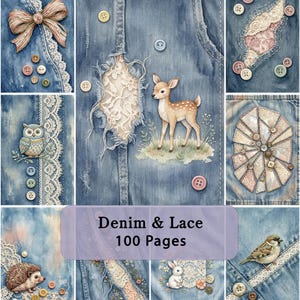 May include: A collage of denim-themed illustrations with lace and button accents. The images include a deer, owl, rabbit, and sparrow, with a bow and floral details. The text "Denim & Lace 100 Pages" is displayed on a purple banner.