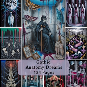 Op de afbeelding: Een boek getiteld Gothic Anatomy Dreams 124 Pages met een verzameling surrealistische, duistere illustraties waaronder een pestmeester, skeletfiguren, tanden in een veld, motten en smeltende structuren in levendige blauwe, rode en paarse tinten.