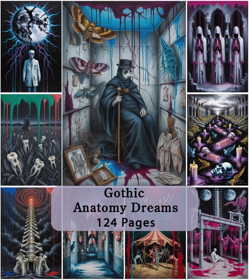 Op de afbeelding: Een boek getiteld Gothic Anatomy Dreams 124 Pages met een verzameling surrealistische, duistere illustraties waaronder een pestmeester, skeletfiguren, tanden in een veld, motten en smeltende structuren in levendige blauwe, rode en paarse tinten.