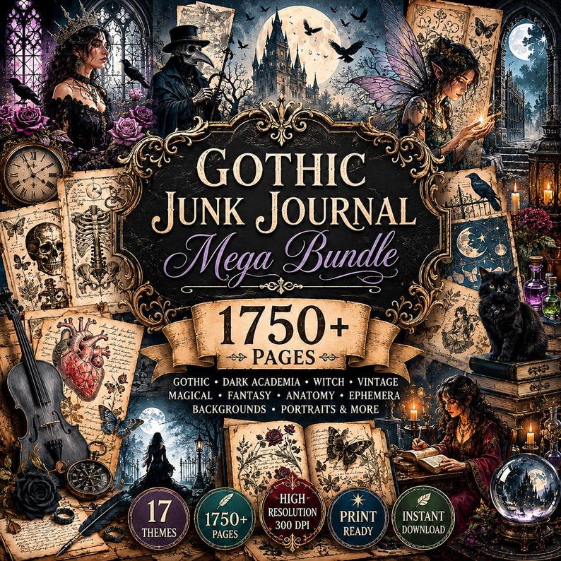 Op de afbeelding: Een digitale collectie getiteld Gothic Junk Journal Mega Bundle met meer dan 1750 pagina's aan duistere beelden, waaronder schedels, anatomische harten, skeletten, een zwarte kat, een viool, een kristallen bol en gotische figuren.