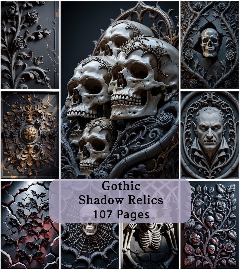 Op de afbeelding: Een digitale collectie getiteld Gothic Shadow Relics 107 Pages met een collage van duistere beelden, waaronder menselijke schedels met ornamenten, een vampierportret, vleermuizen, spinnenwebben, skeletten en ingewikkelde bloemmotieven in zwart en grijs.