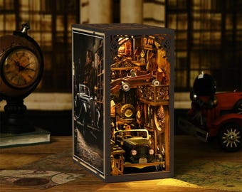 Book Nook Kit Retro Garage DIY Miniature Bookshelf Insert with LED Lights