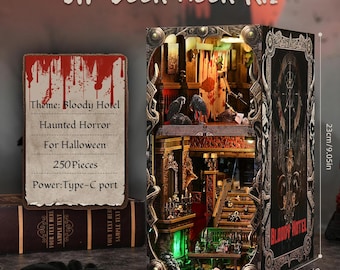 Book Nook Kit - Bloody Hotel  Haunted Horror Bookshelf Insert with Ghost Projection LED