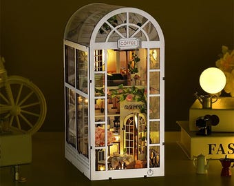 Coffee Garden Book Nook Kit DIY Miniature Bookshelf Insert with LED Lights