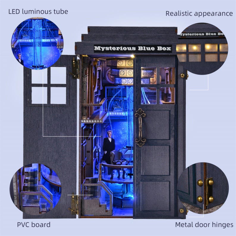May include: A miniature blue box with the text "Mysterious Blue Box" on top. The box has an open door revealing a detailed interior with a figure, illuminated by blue LED lights. The box is made of PVC board and has metal door hinges.