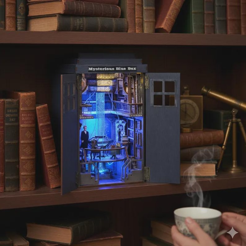 May include: A miniature blue box with the text "Mysterious Blue Box" on top, with open doors revealing a detailed interior with figures and blue lighting. The box is on a bookshelf surrounded by books.