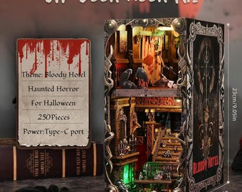 Gothic Shelf Decor Bloody Hotel Book Nook Kit, 250-Piece Horror LED Projection