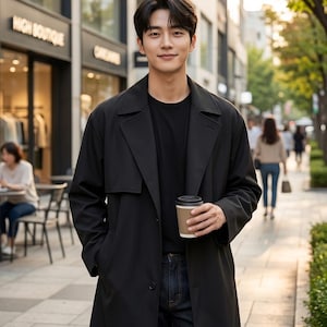 Trench da uomo fatto a mano, nero, in cotone e poliestere, lungo, aperto sul davanti, minimalista, stile streetwear, taglie XXS-5XL, vestibilità personalizzata.