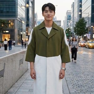 May include: A two-tone coat in olive green and white, worn by a person standing on a city street. The coat has a classic collar and three-quarter sleeves. The person is wearing a white t-shirt and a silver watch.
