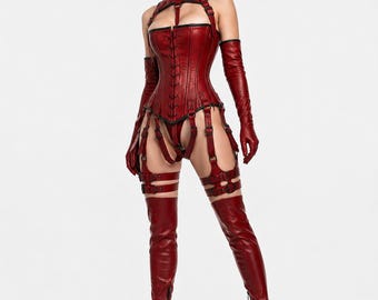 Conjunto de corsé y arnés gótico para mujer, disfraz de guerrera vampira de cuero auténtico, atuendo steampunk de fantasía con guantes, cosplay de Halloween, XXS-5XL