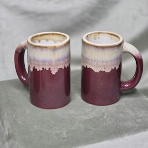Vintage Signed Studio Pottery Mugs Set of 2 | Burgundy Cream Drip Glaze Ceramic Cups | Artisan Coffee Mug Pair