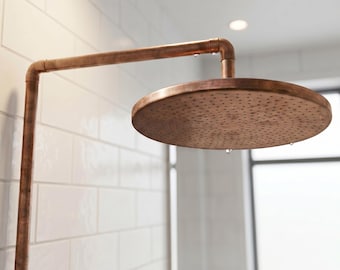 Cabezal de ducha de lluvia de cobre, estilo industrial, brazo en L, tubería expuesta, hecho a mano, marroquí, montaje en pared, moderno, vintage, loft, accesorio de baño de granja