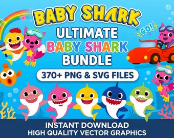 Baby Shark Clipart PNG SVG Bundle, Shark Birthday Clipart, Ocean Kids Party Decorations, Printable Party Supplies, Digital Download