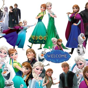 May include: A collection of Frozen characters including Elsa, Anna, Kristoff, Olaf, and Sven, featuring a blue sign with the word WELCOME. The characters are depicted in various outfits, including gowns, winter gear, and capes, against a white background.