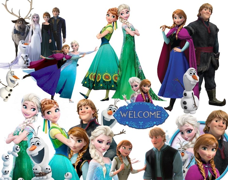 May include: A collection of Frozen characters including Elsa, Anna, Kristoff, Olaf, and Sven, featuring a blue sign with the word WELCOME. The characters are depicted in various outfits, including gowns, winter gear, and capes, against a white background.