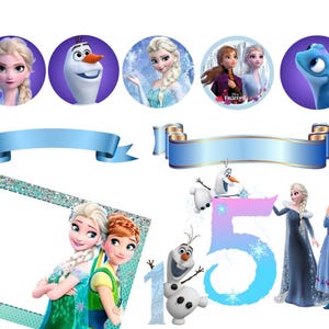 May include: A collection of Frozen 2 themed party decorations including circular character cutouts of Elsa, Olaf, and Bruni, two blue ribbon banners, a rectangular frame featuring Elsa and Anna, and a large number 15 with Olaf and characters.