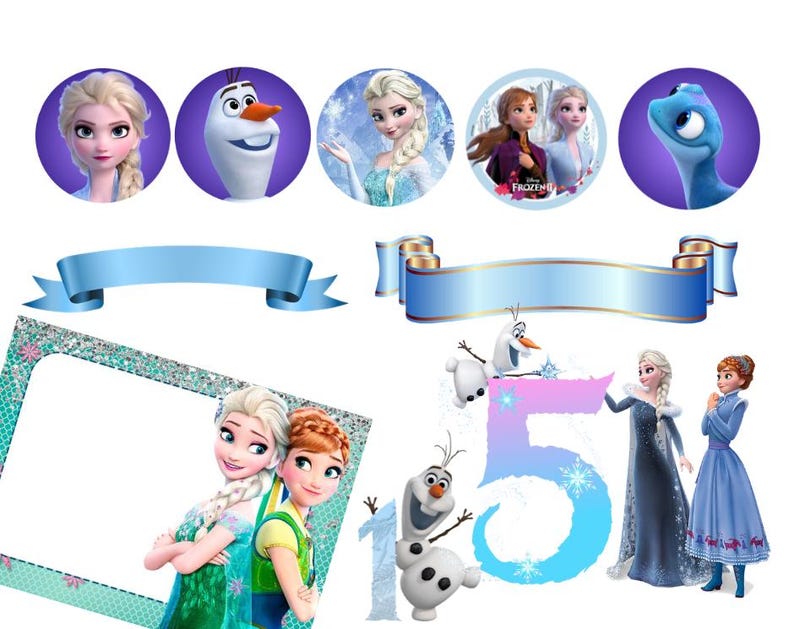 May include: A collection of Frozen 2 themed party decorations including circular character cutouts of Elsa, Olaf, and Bruni, two blue ribbon banners, a rectangular frame featuring Elsa and Anna, and a large number 15 with Olaf and characters.